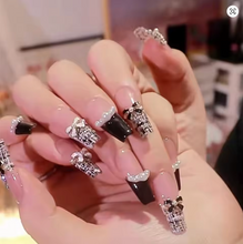 Load image into Gallery viewer, 24pcs Black French Press on Nails White Bow Pearl Design Fake Nail
