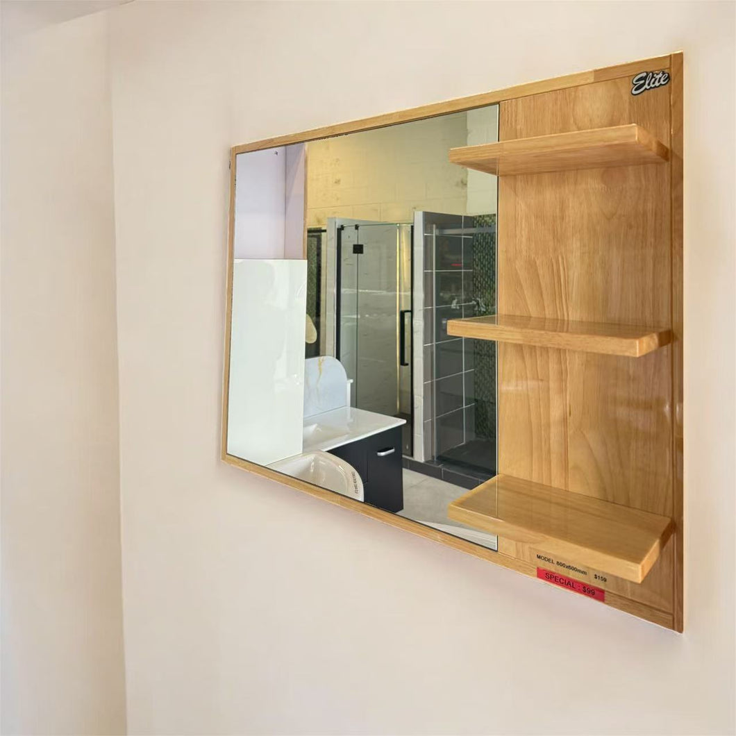 Wooden Bathroom Mirror with Built-In Shelving 800x600mm