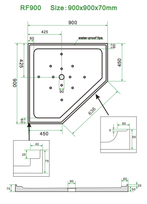 Shower Tray - Angle Series Center Center/Corner Hole Option